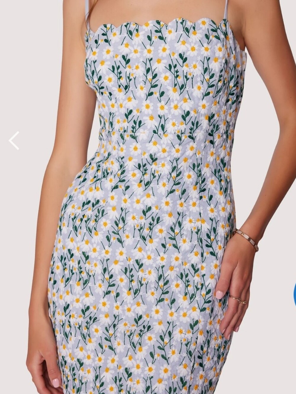 Embroidered Daisy Scallop-Top Cotton And Linen Sheath Dress